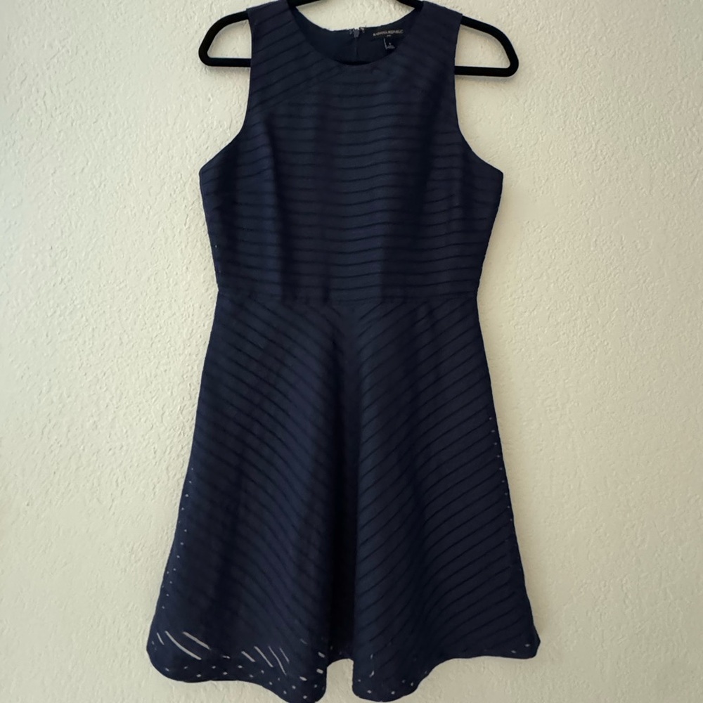 Navy Subtle Striped Fit-and-Flare Sleeveless Dress - Classic Everyday Style - Picture 6 of 12